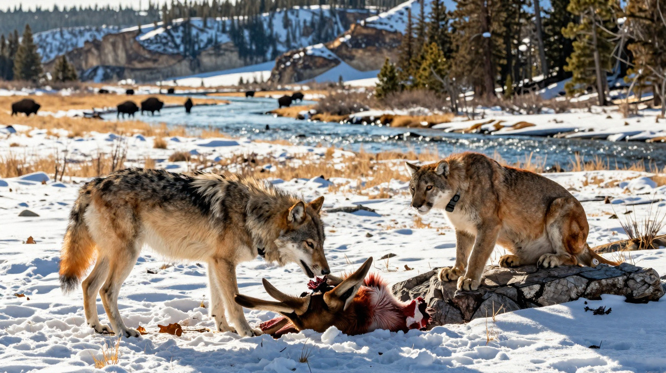 Wolf and mountain lion feeding on a carcass in snowy landscape with river and bison in background
