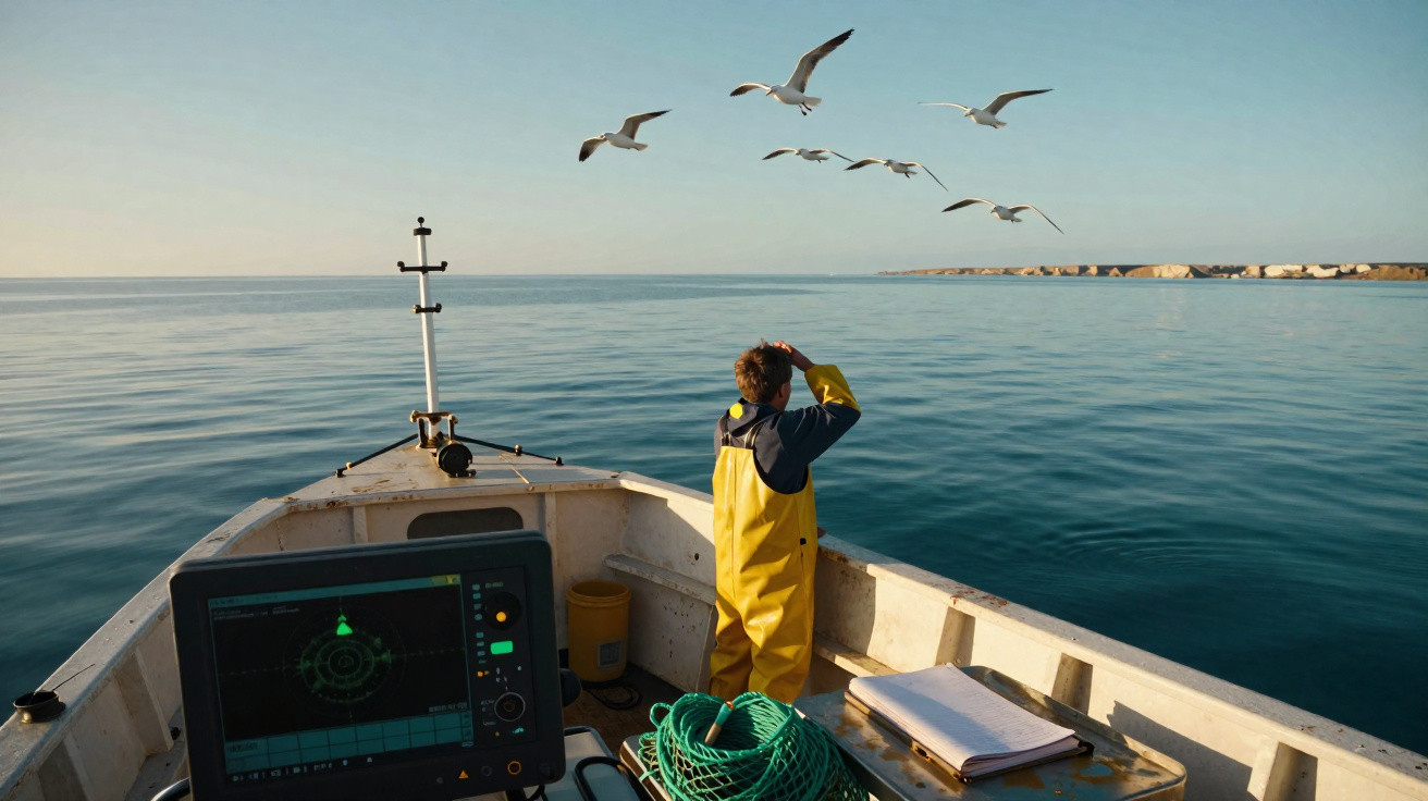 Child in yellow waterproofs looking at seagulls from the bow of a fishing boat on calm water.
