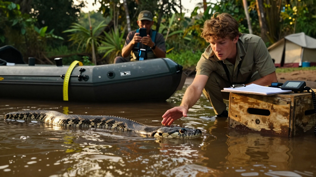 Researcher gently touching a large snake in a river, with a boat and another person in the background.