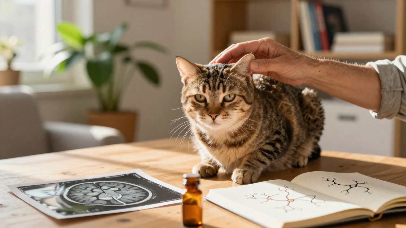 Person petting a tabby cat sitting on a table with brain scan images and a notebook with neuron drawings.