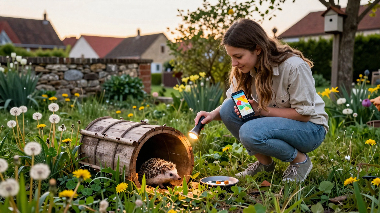 Young woman crouching in garden illuminating a hedgehog emerging from a wooden tunnel at dusk