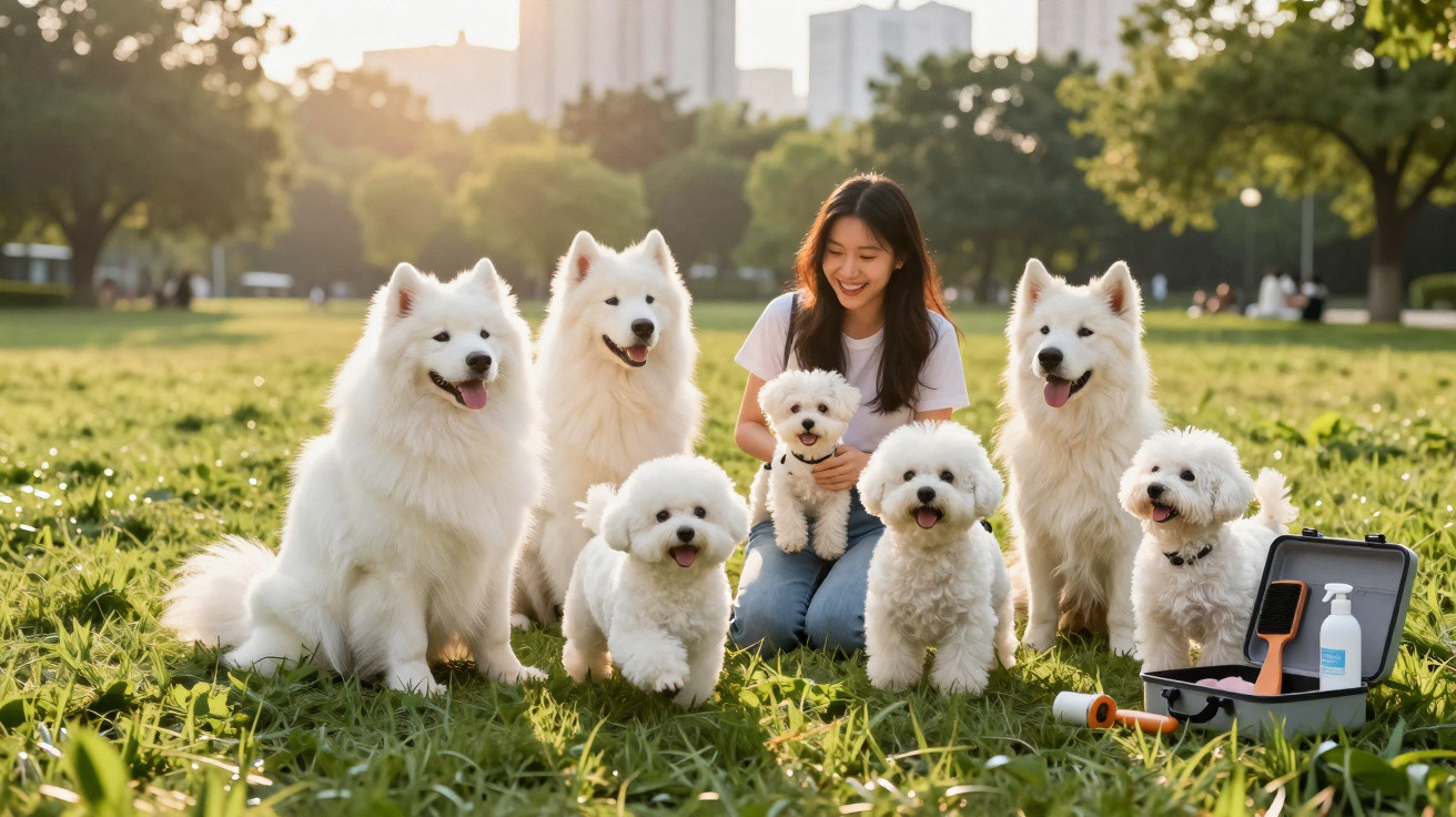 Woman sitting on grass with six fluffy white dogs and grooming supplies in a sunny park.