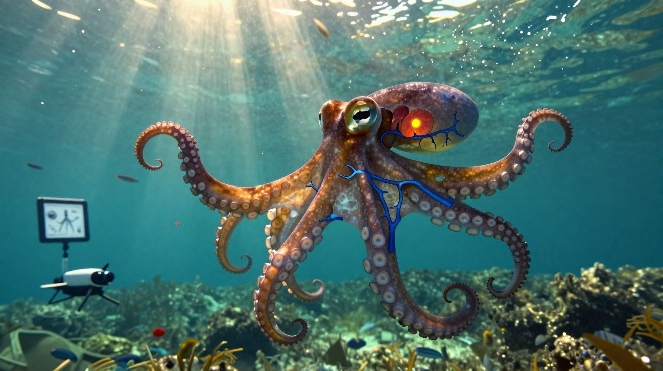 Underwater scene of an octopus with visible organs near a seabed and a camera rig in the background.