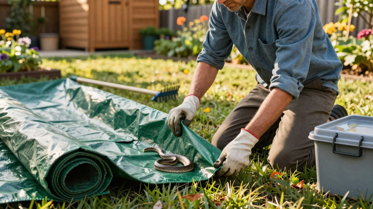 Person wearing gloves handling a small snake on a green tarpaulin in a garden.