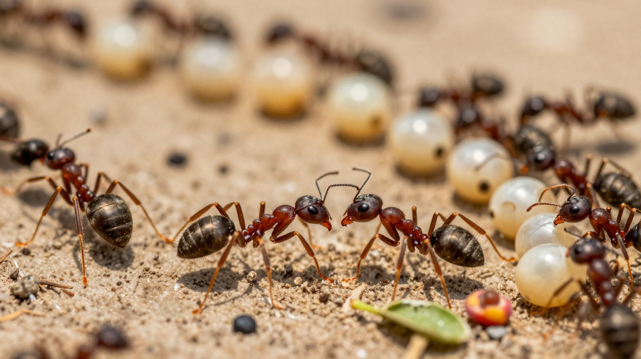 Close-up of red ants carrying white larvae and pupae on sandy ground with scattered seeds.