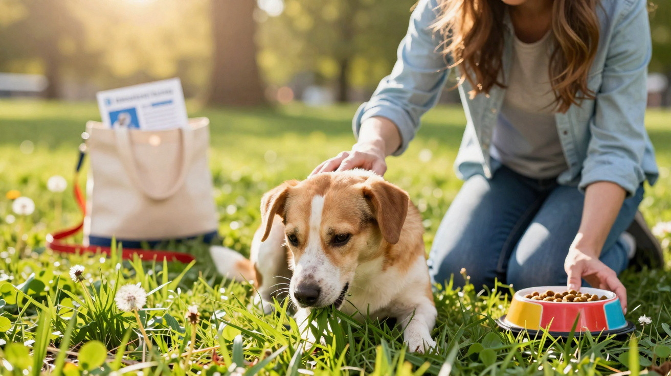 Person kneeling on grass petting a small dog beside a bowl of dry dog food in a sunny park.