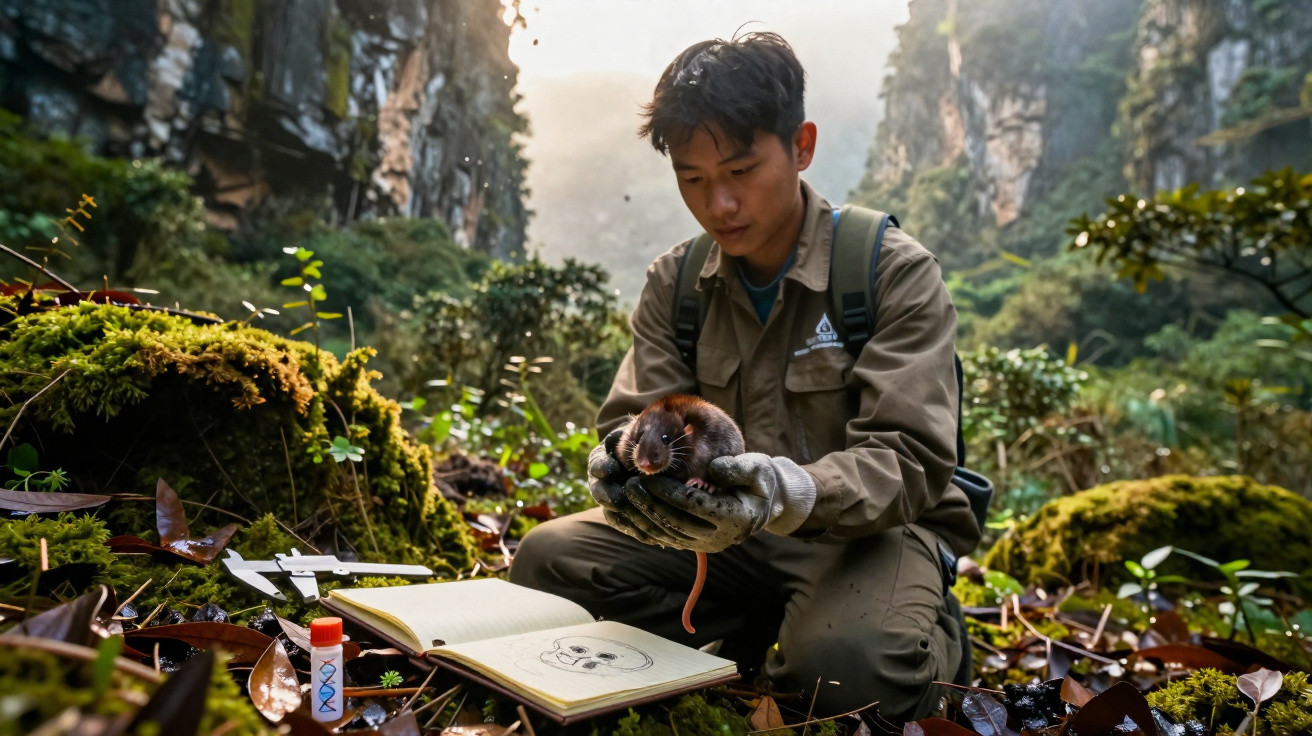 Researcher in outdoor gear holding a small mammal with notebook and tools in a lush, rocky forest setting.