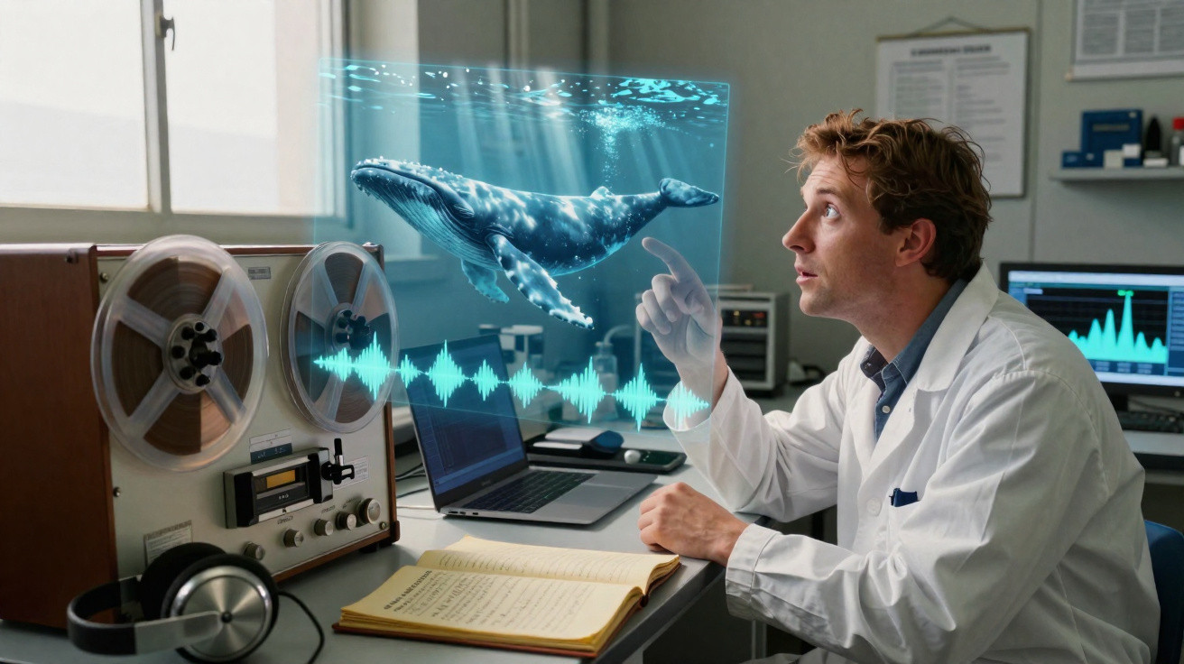 Scientist analysing whale sounds with holographic whale projection in a lab with vintage audio equipment.