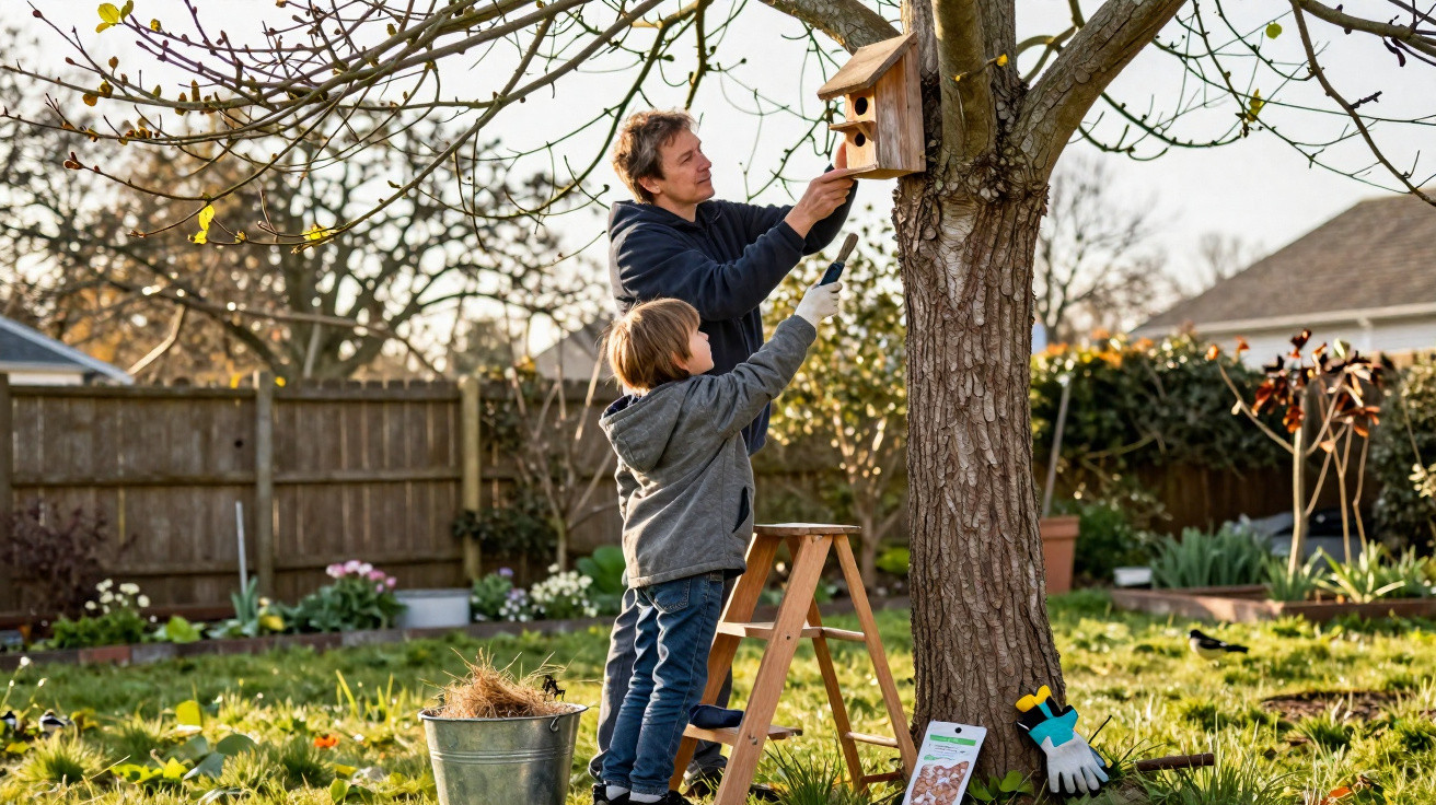 Adult and child installing a birdhouse on a tree in a sunny garden with gardening tools nearby.