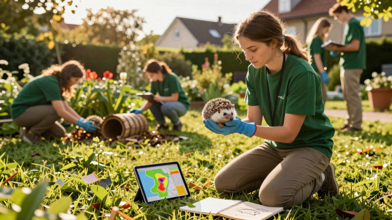 Young woman in green shirt holding a hedgehog outdoors with others studying plants and data on a tablet nearby.