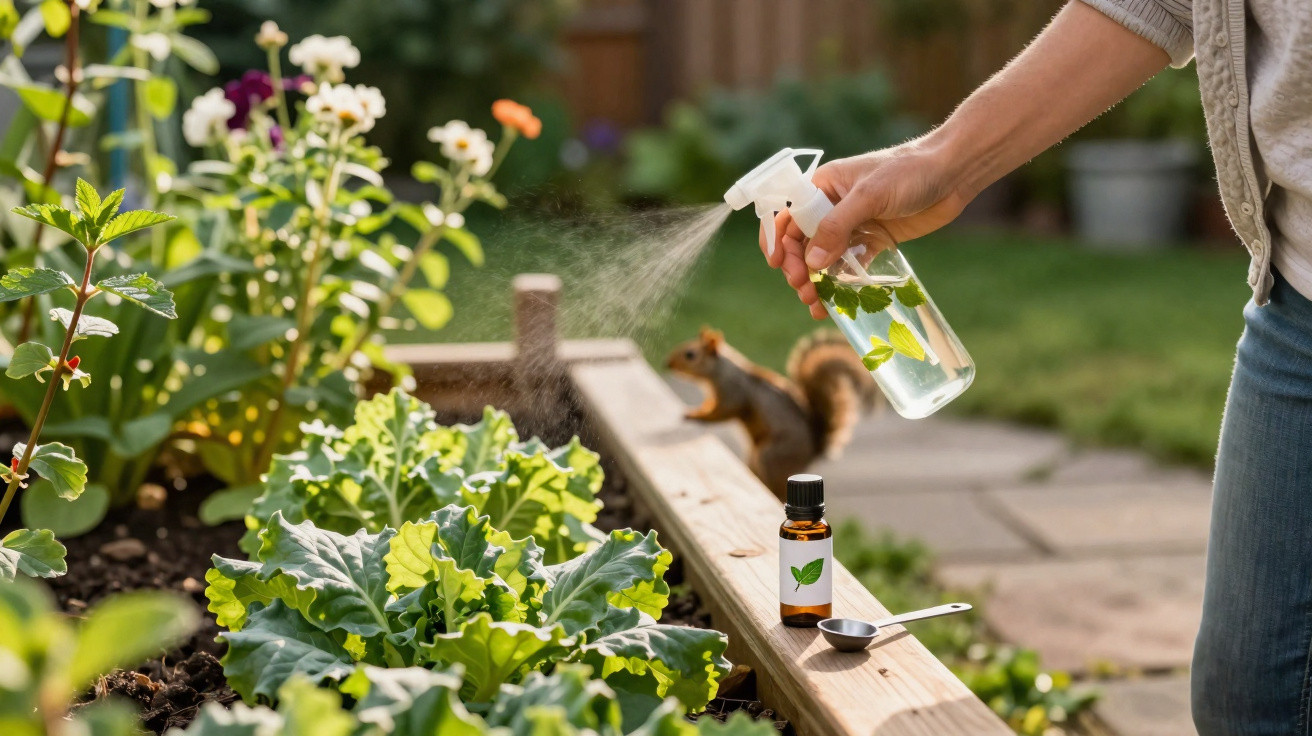 Person spraying plants with natural insect repellent from a spray bottle in a garden with a squirrel nearby.