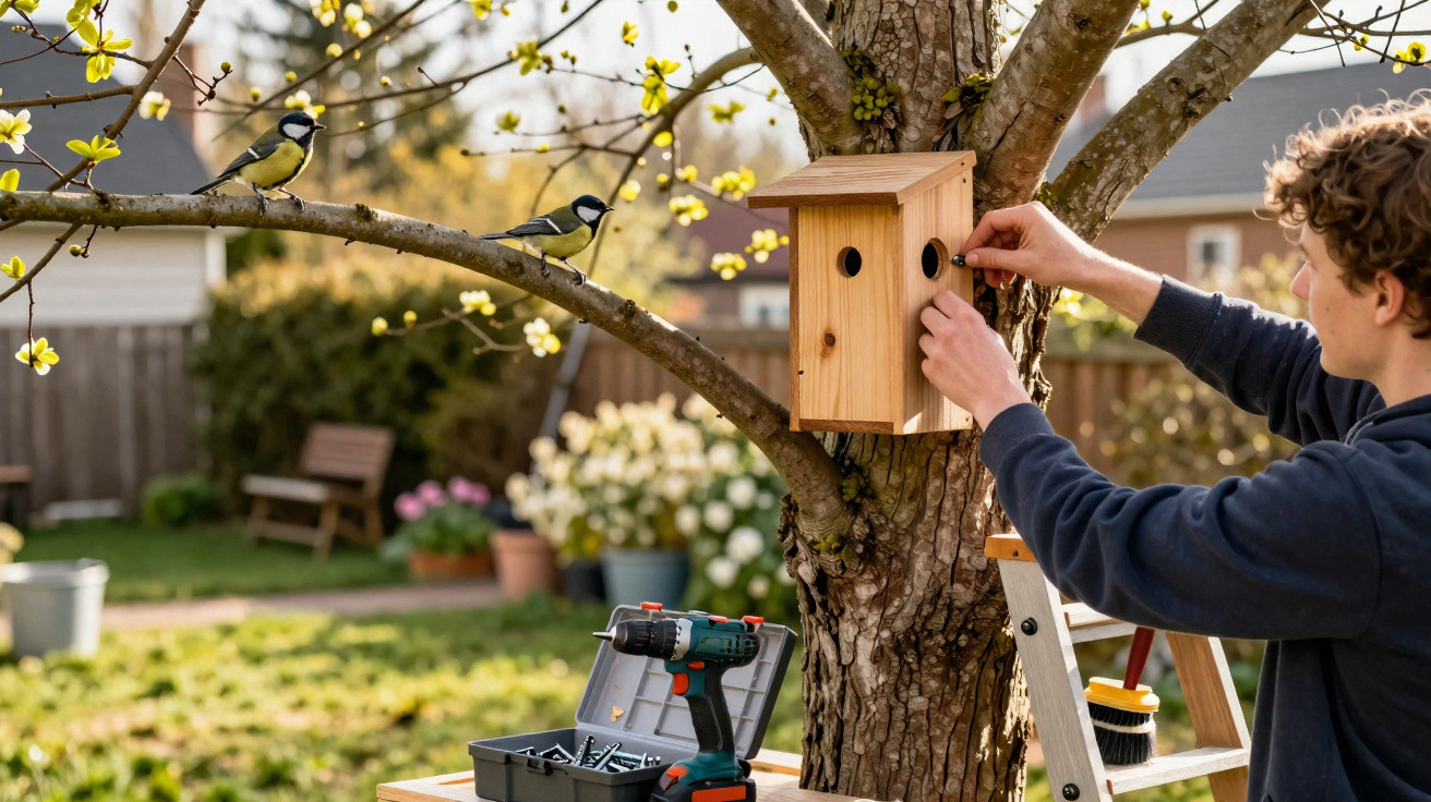 Person installing a wooden birdhouse on a tree branch with two birds nearby in a garden.