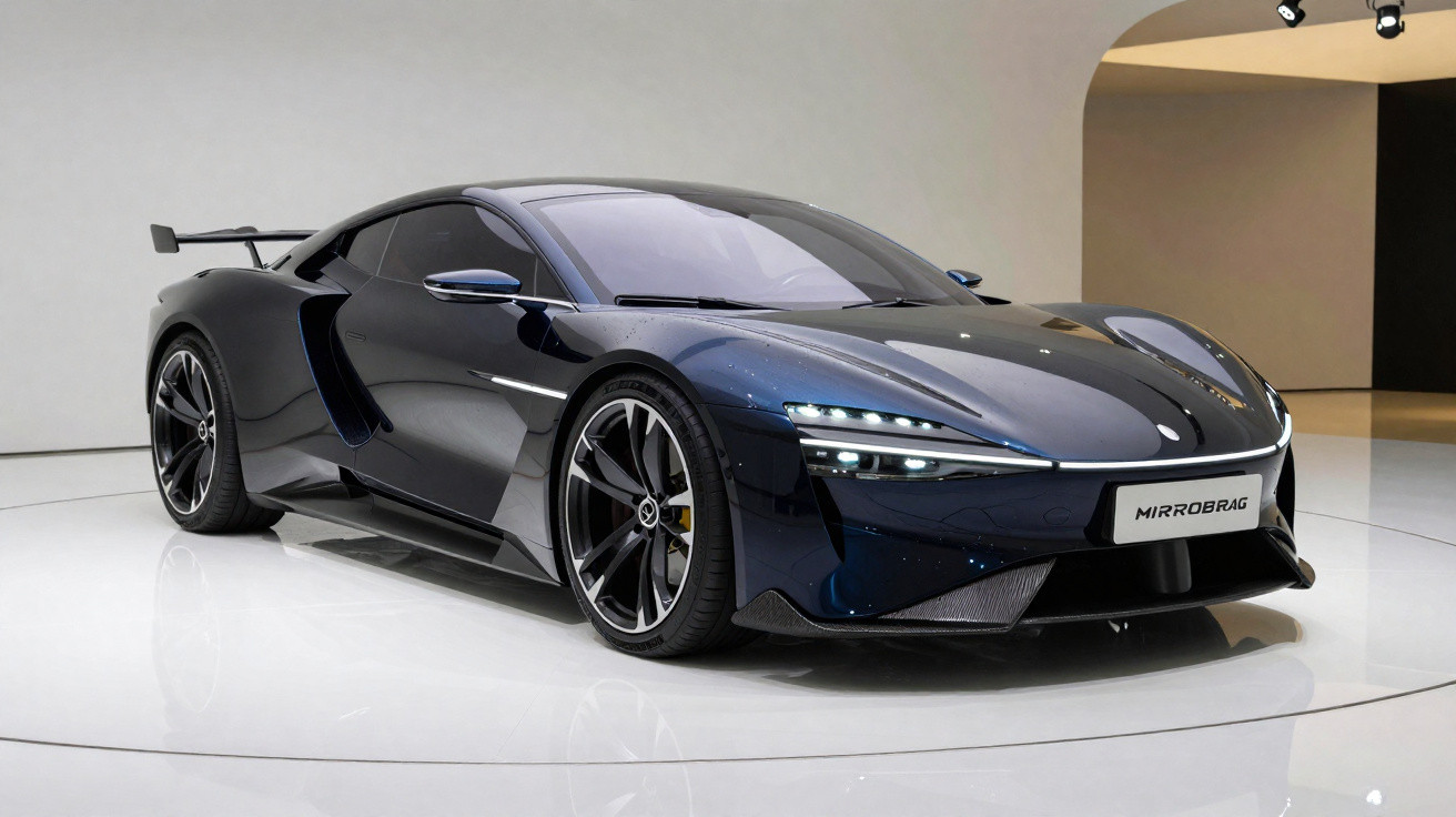 Sleek black sports car with aerodynamic design and LED headlights displayed in a modern showroom.