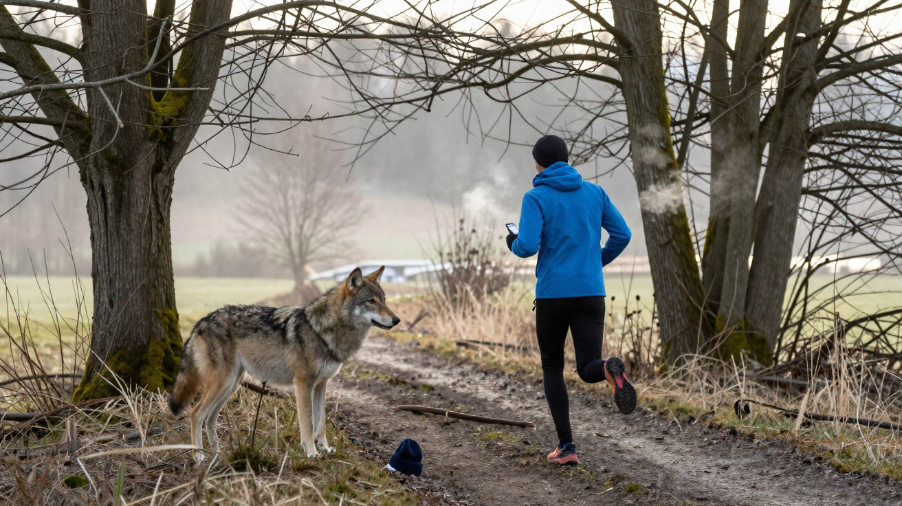 Person in blue jogging jacket running past a large wolf on a woodland path in winter.