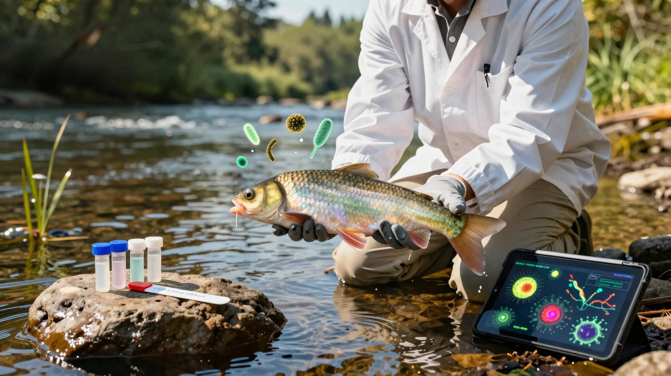 Scientist in a river holding a fish, with test tubes and a tablet showing bacteria and virus data nearby.