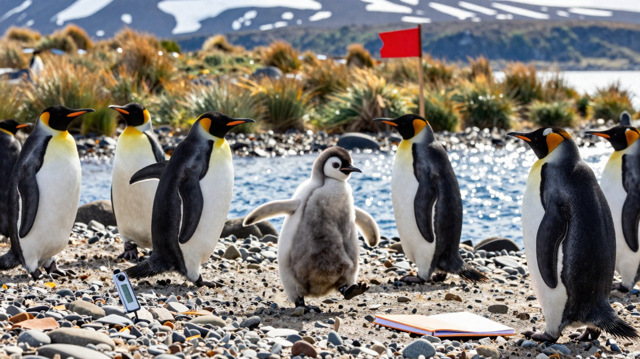Group of emperor penguins on rocky shore including a fluffy chick near water with snowy hills in the background.