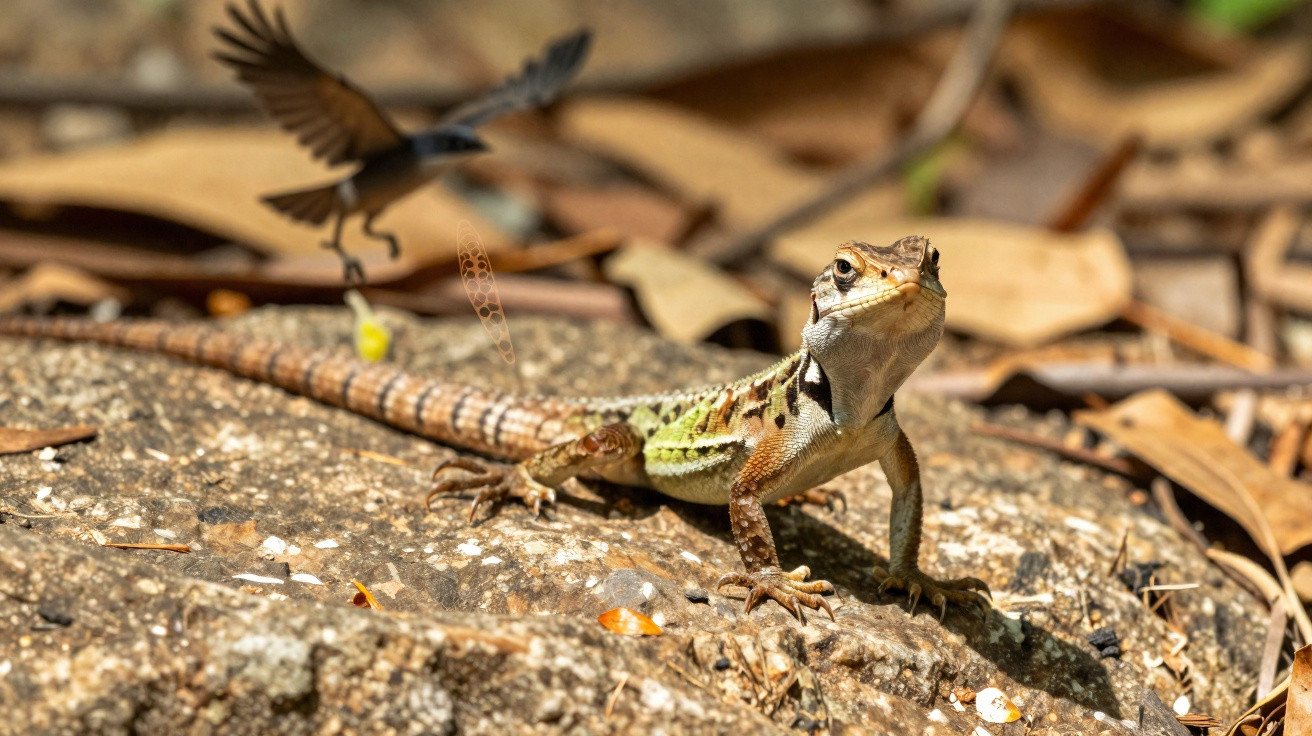 A lizard with colourful markings on a rock with dry leaves and a bird in flight in the background.
