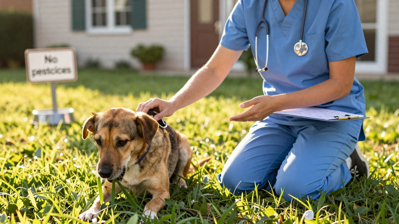 Veterinarian in blue scrubs examining a brown dog on grass outside a house with a No pesticides sign.