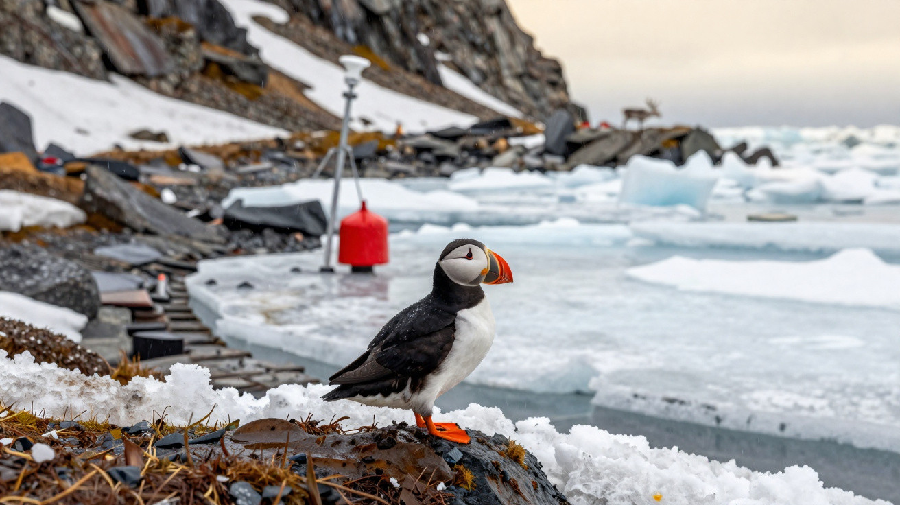Puffin with bright orange beak and feet standing on rocky, snowy shore by icy, partially frozen water.