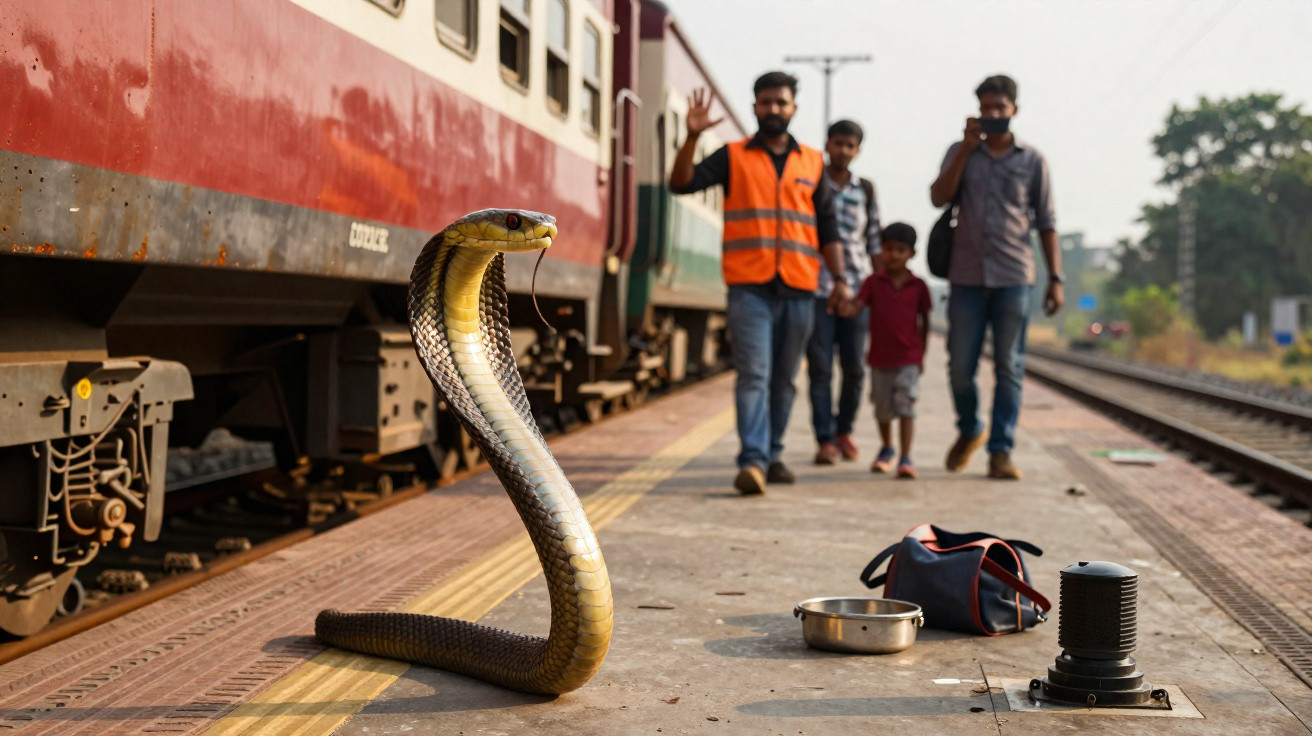 King cobra raised on a train platform with people approaching in the background near a stationary train.