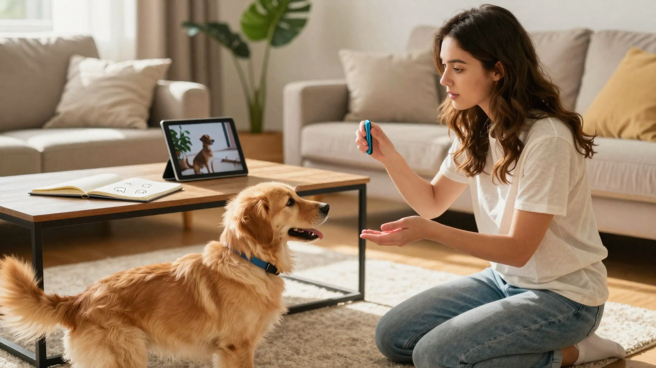 Woman kneeling on the floor holding a clicker, training a golden retriever in a bright living room.