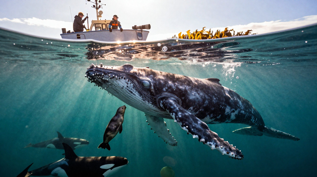 Underwater view of a whale, seal, and orcas near a boat with two people on the sea surface.