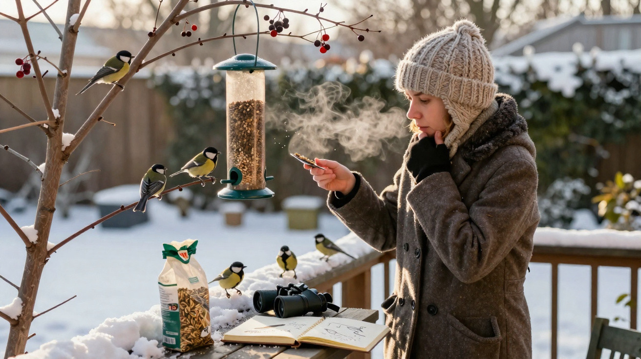 Person in winter clothes feeding birds at a snowy garden bird feeder, with binoculars and a notebook nearby.