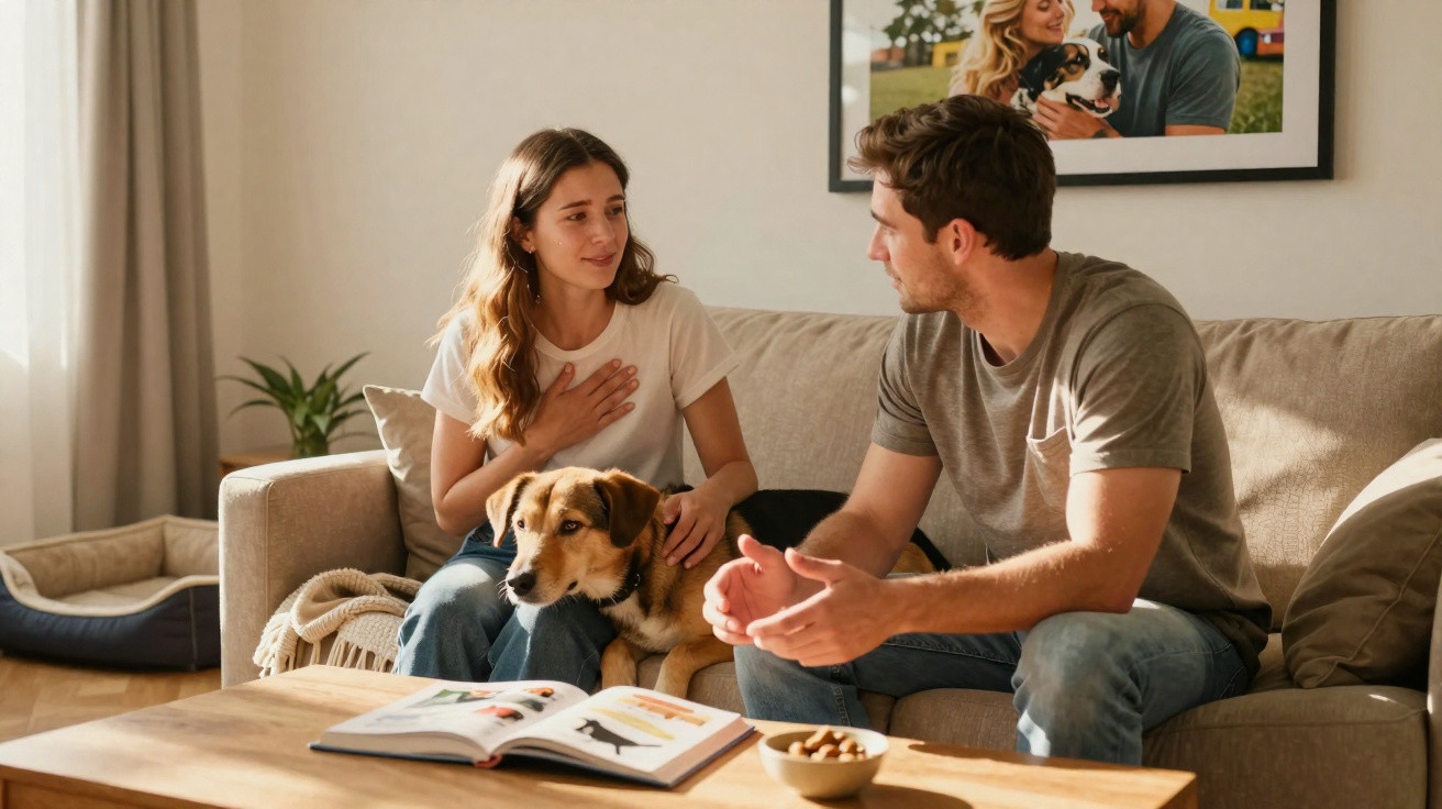 Couple sitting on a sofa with a dog, talking and reading a book about dogs in a cosy living room.