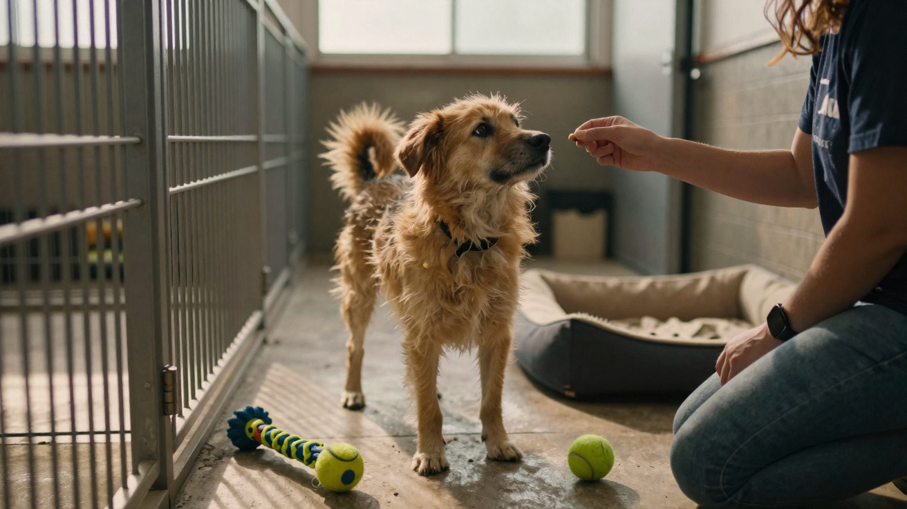Person offering a treat to a small scruffy dog standing inside a kennel with toys and a bed nearby.