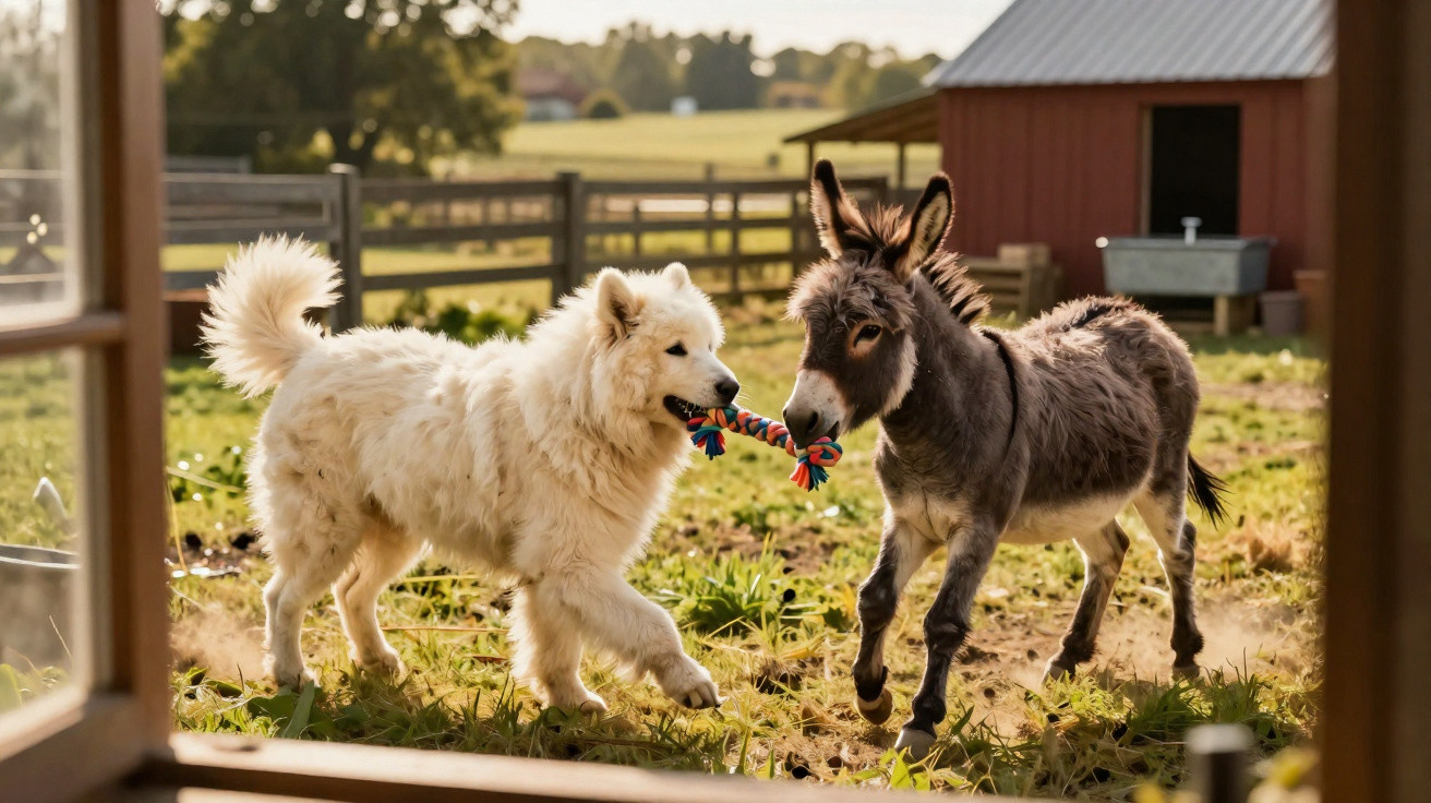 A fluffy white dog and a donkey playing tug-of-war with a rope toy in a sunny farmyard.