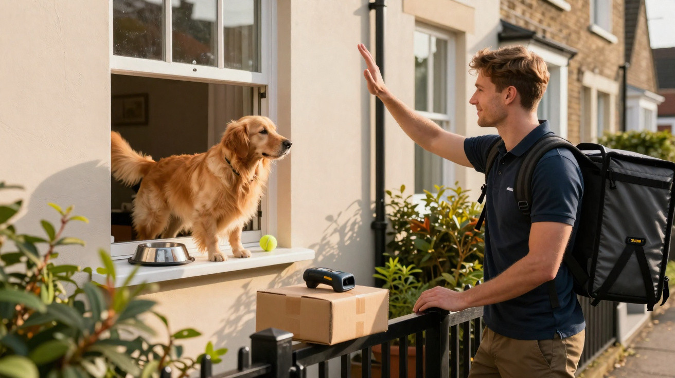 Delivery person waving to a golden retriever standing on a windowsill outside a house.