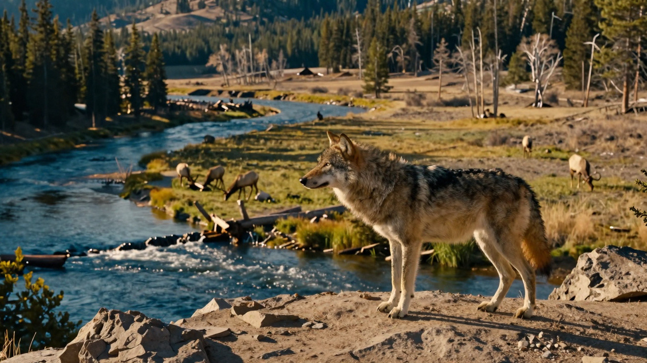 Wolf standing on rocky riverbank overlooking grazing elk in a forested valley under sunlight
