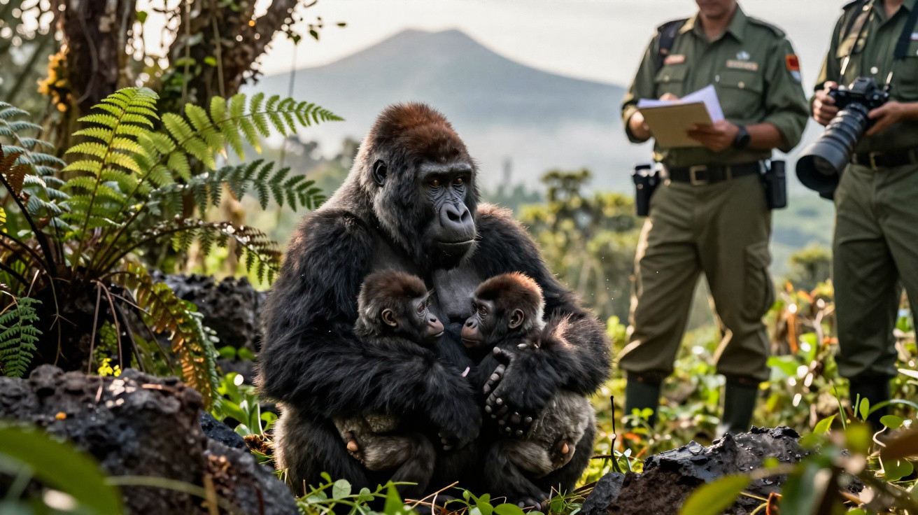 A gorilla mother cradling two infants in a lush forest with two park rangers standing nearby.