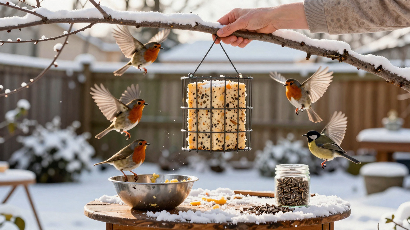 Robins and a great tit feeding on seed cakes and sunflower seeds on a snowy garden table in winter.