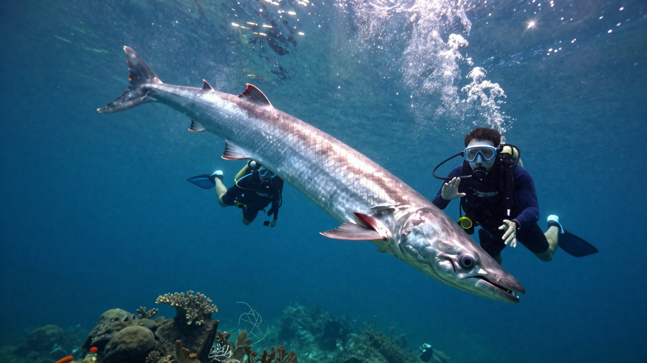 Two scuba divers swimming underwater near a large barracuda fish above a coral reef.