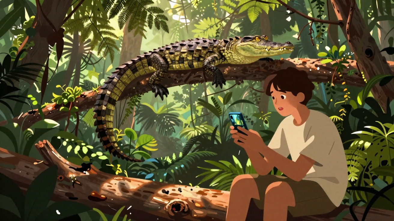 A boy sitting in a jungle looking at his phone while a crocodile rests on a tree branch above him.