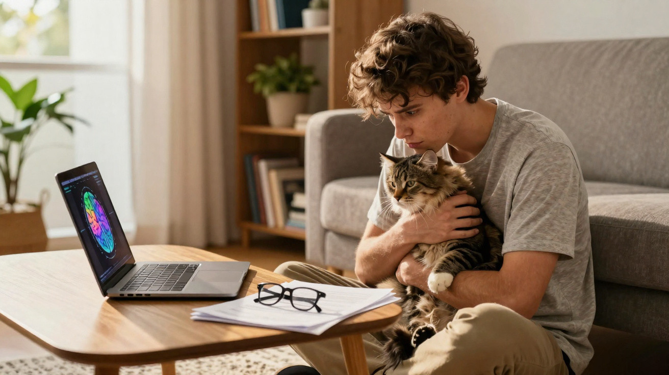 Young man sitting on the floor hugging a tabby cat, laptop and glasses on a wooden table nearby in a cosy living room.