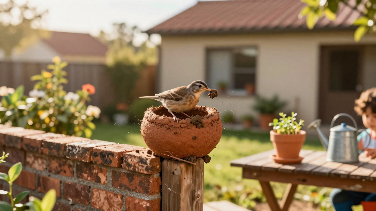 Small bird perched on a broken clay pot on a wooden post in a sunny garden with a child in the background.