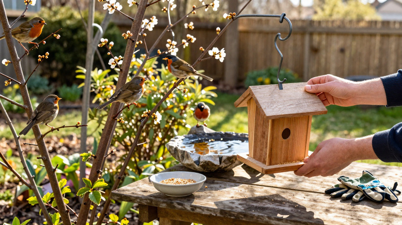 Person hanging a wooden birdhouse in a sunny garden with birds perched on branches nearby and a bowl of seeds.