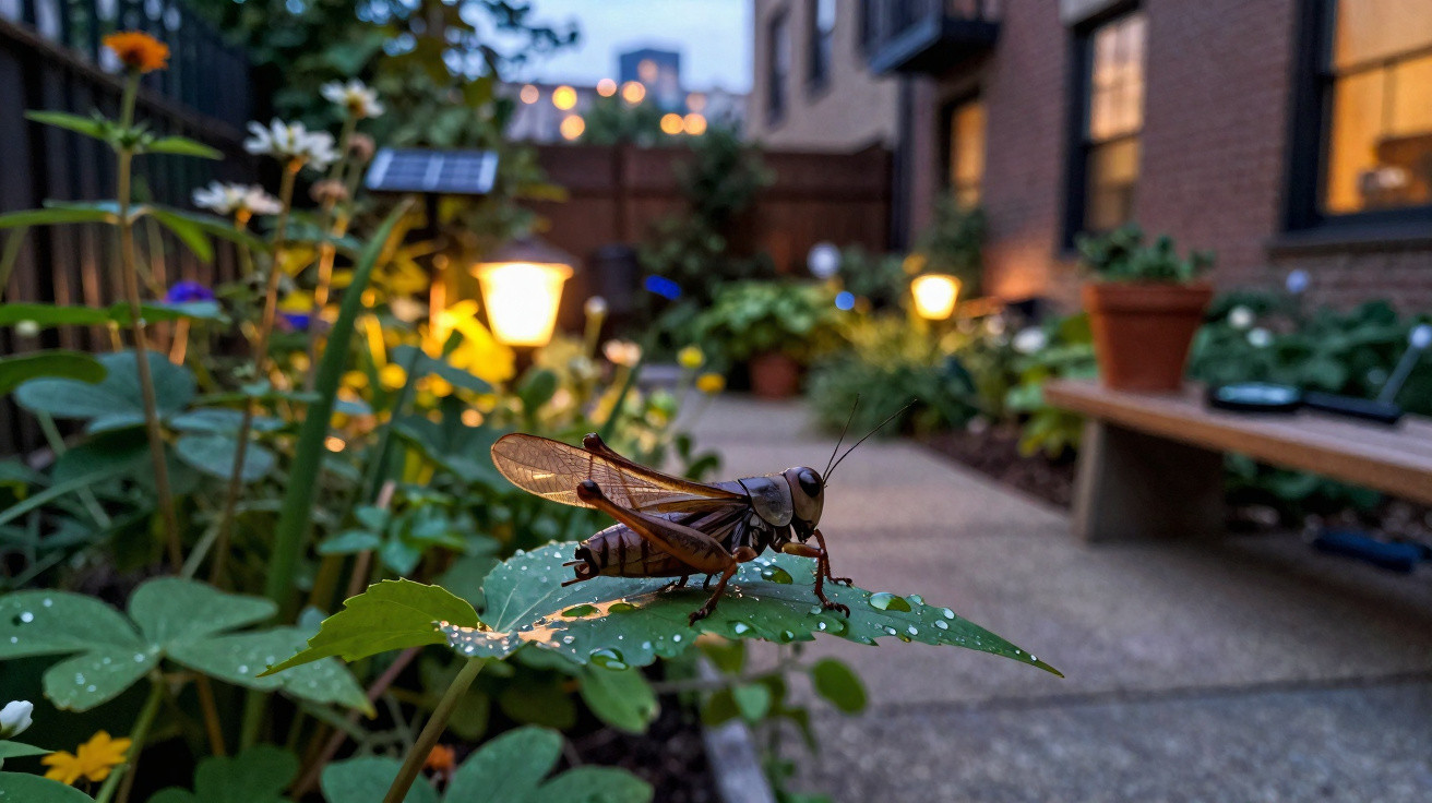 Close-up of a grasshopper on a dew-covered leaf in a garden courtyard at dusk with lights and plants in background.
