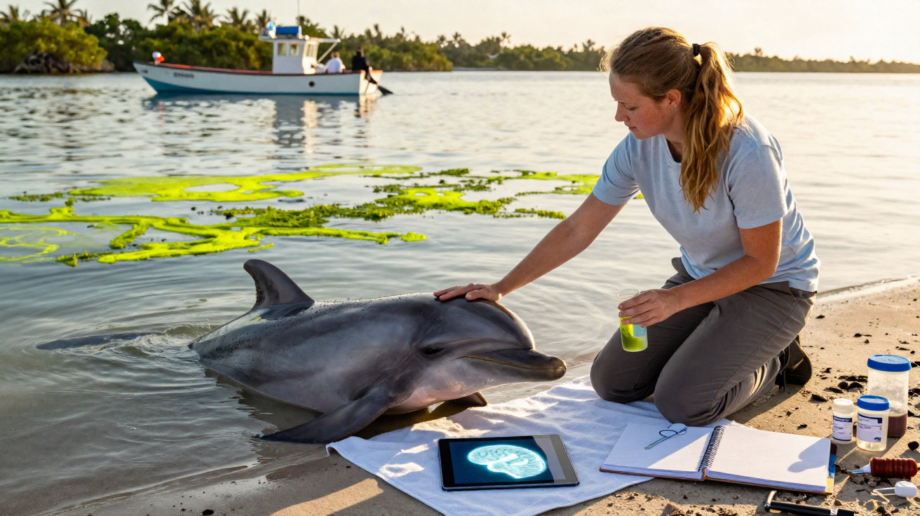 Scientist kneels on shore examining dolphin with tablet showing brain scan and notes nearby, boat and greenery in background.