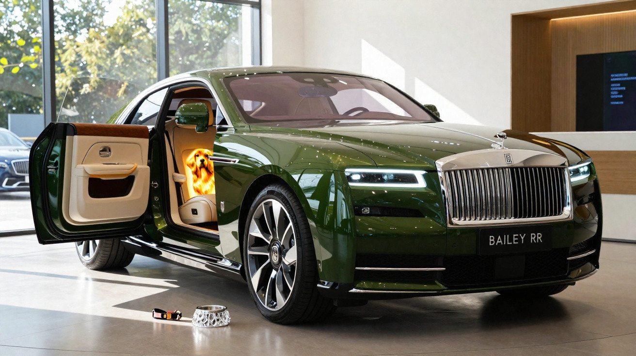 Green Rolls-Royce with front passenger door open showing cream interior and a dog photo inside, parked indoors.