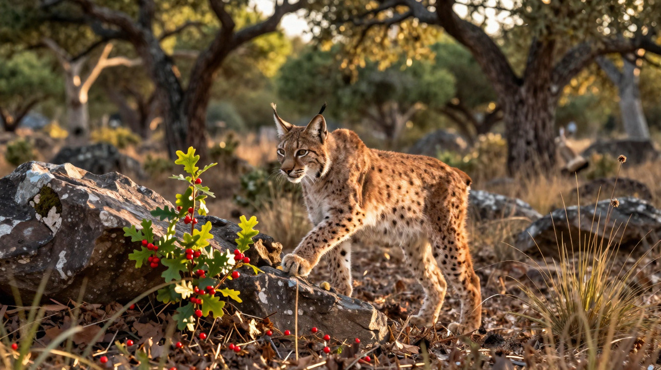 Eurasian lynx walking on rocky ground with oak trees and red berries in a sunlit forest setting.