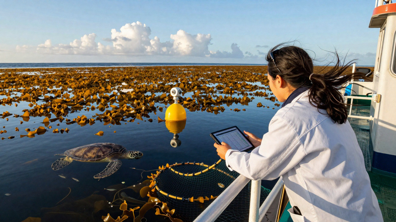 Scientist on boat observing a sea turtle swimming near a buoy in kelp-filled calm ocean water.