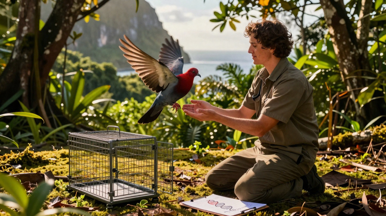 Man releasing colourful bird from cage in lush forest with clipboard beside him on mossy ground