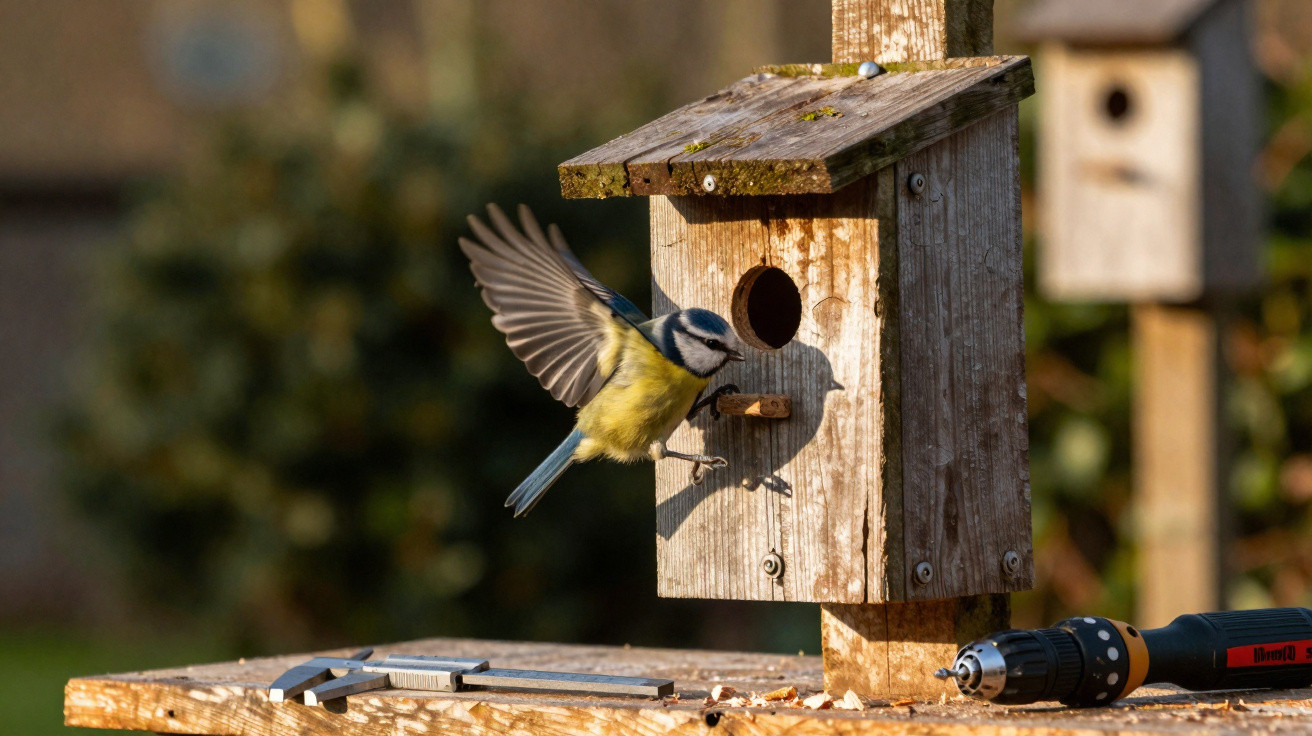 Blue tit bird flying towards a wooden birdhouse on a table with tools and a drill in the sunlight.