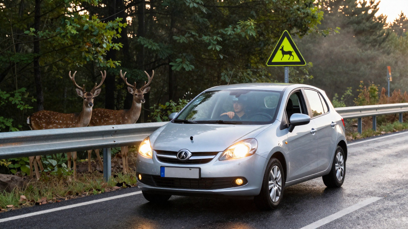 Silver car with headlights on near two deer and a wildlife crossing road sign in a forested area at dusk.