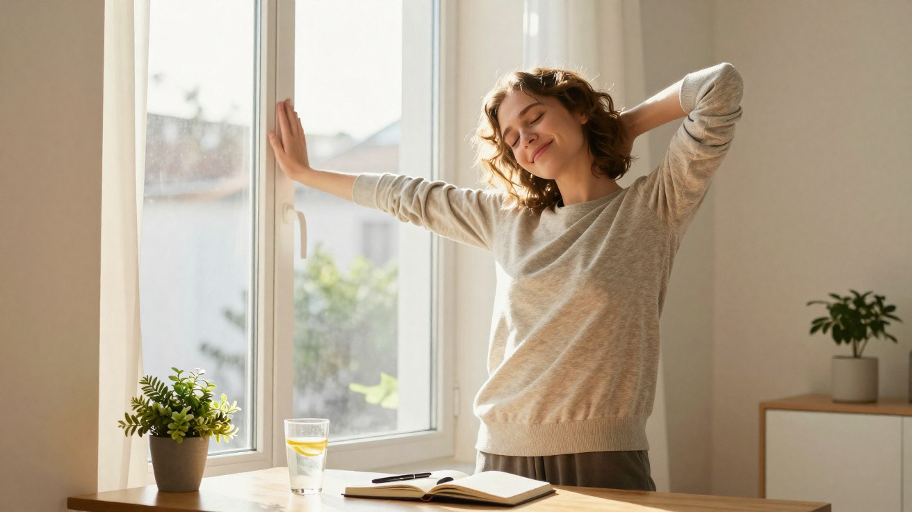 Woman stretching and enjoying sunlight by a window with a notebook, glass of water, and plants on the table.