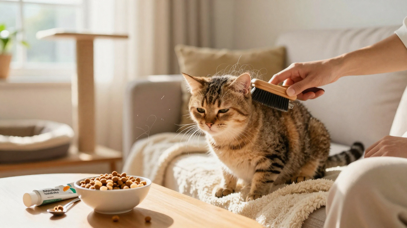 Person brushing a tabby cat on a sofa with a bowl of cat food on a table nearby in a sunlit room.