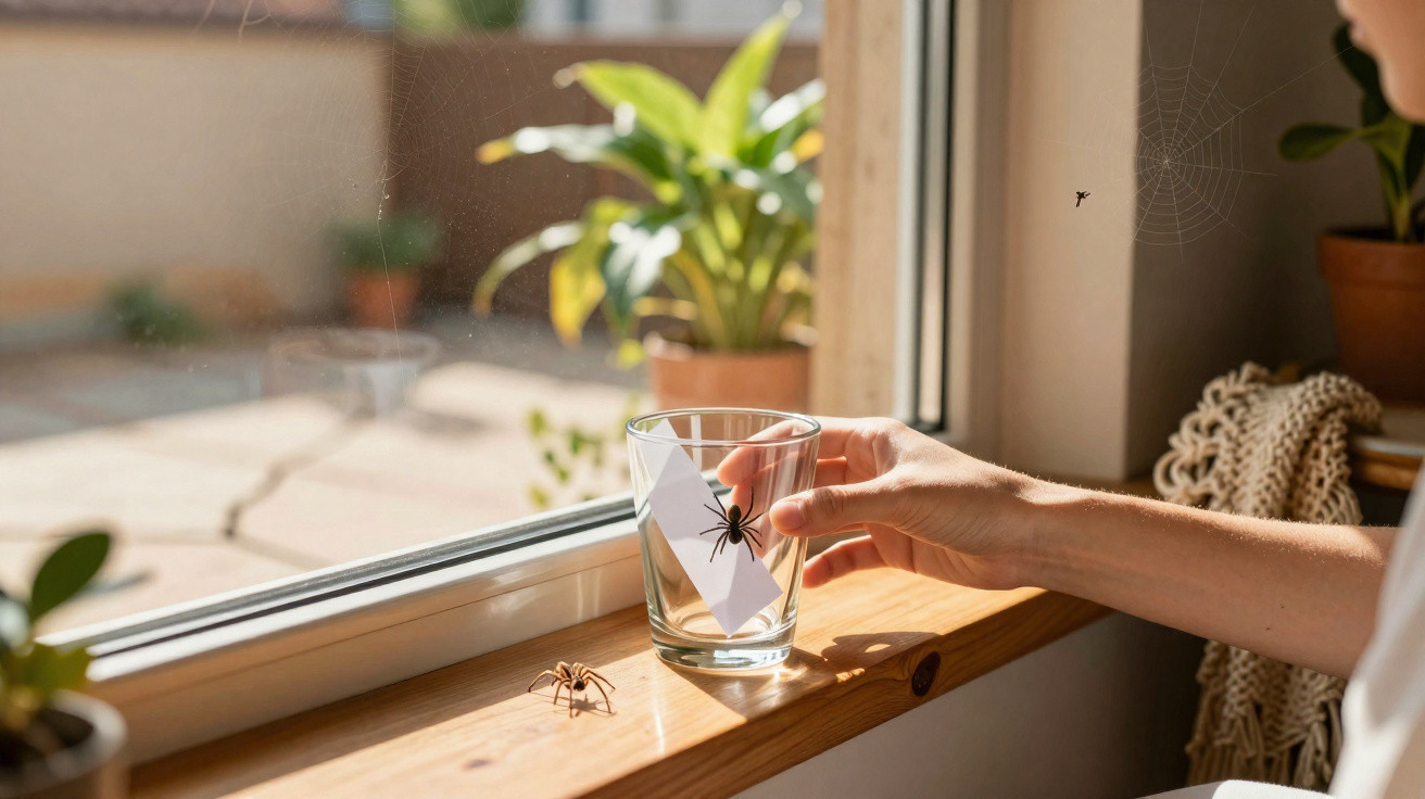 Person capturing a spider in a glass on a windowsill with plants and a spider web nearby.
